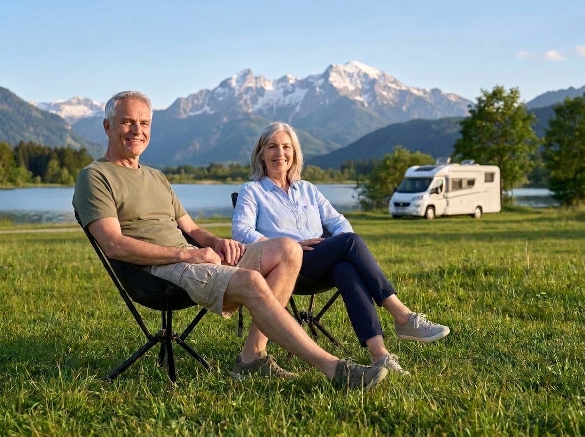 Paar Anfang 60 sitzt entspannt in zwei WAYRO HORIZON Outdoor-Stühlen am See beim Camping, Wohnmobil im Hintergrund